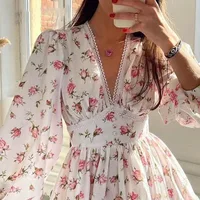 Women Floral Print Mini Dress High Waist A-Line Summer Autumn Long Sleeve V Neck Dresses Vintage Beach Vacation Casual Vestidos - Image 2