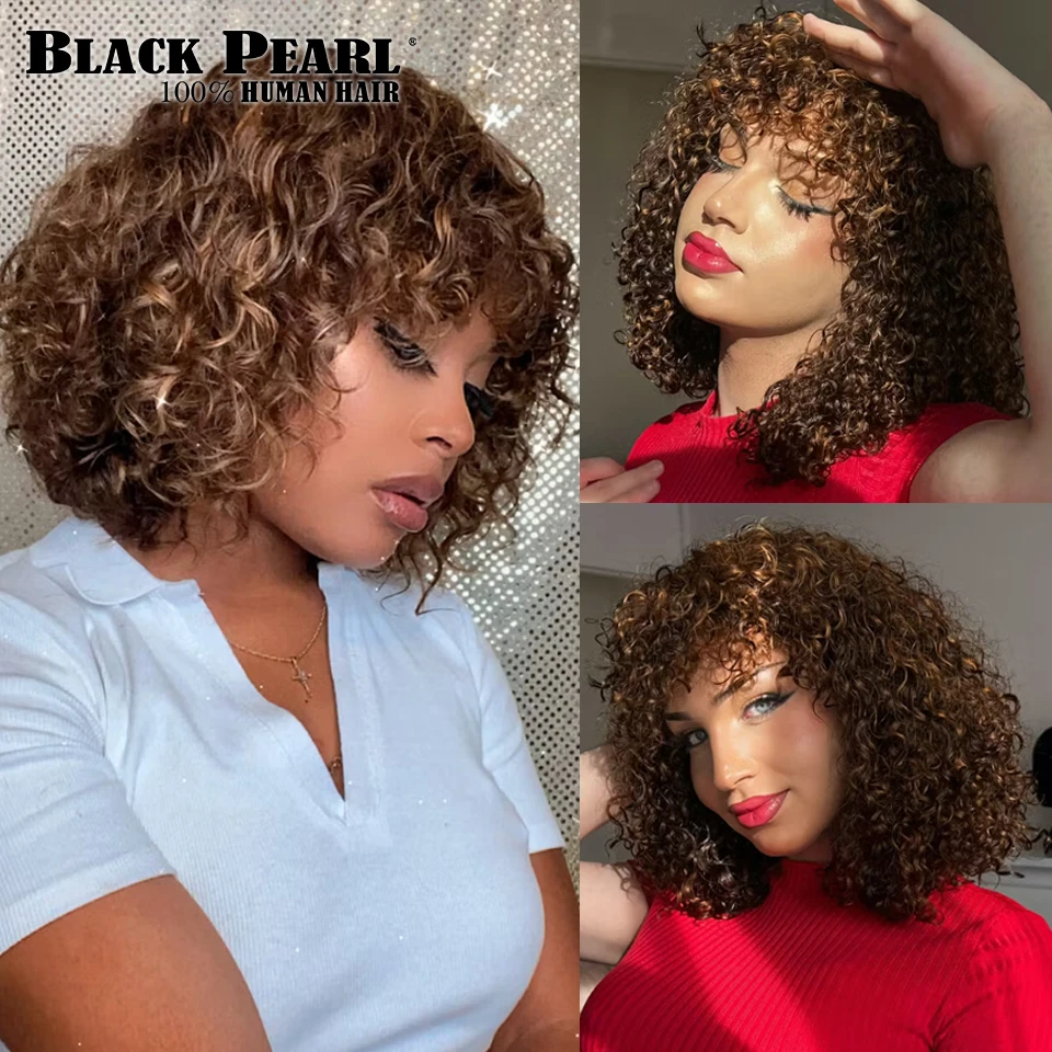 Glueless Human Hair Wigs With Bangs Highlight Honey Brown Curly Short Bob Wig With Bangs Jerry Curly Bob Wigs For Women human hair wigs