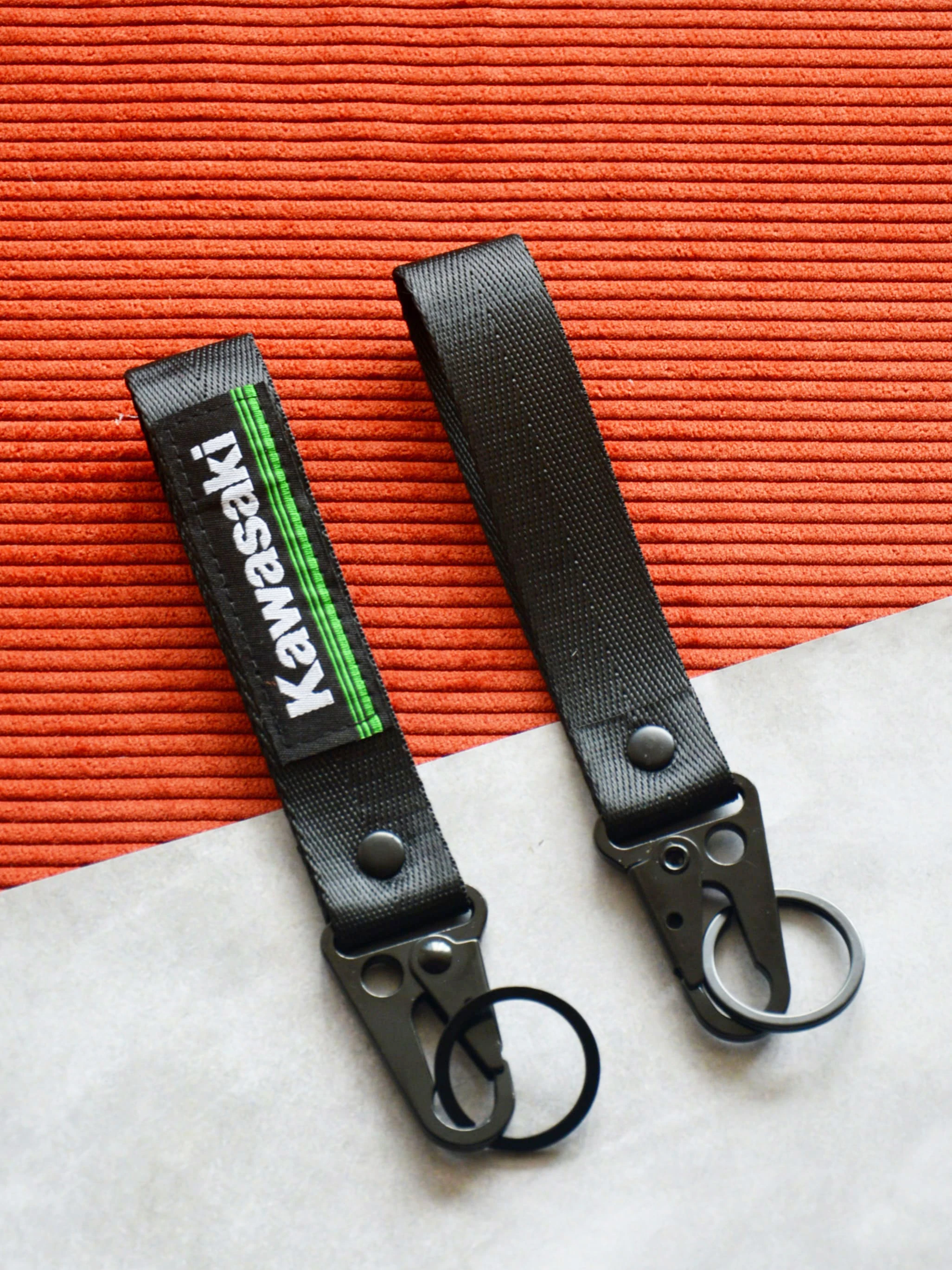 Fabric keychain for motorcycle keys with Kawasaki logo black 16x2
