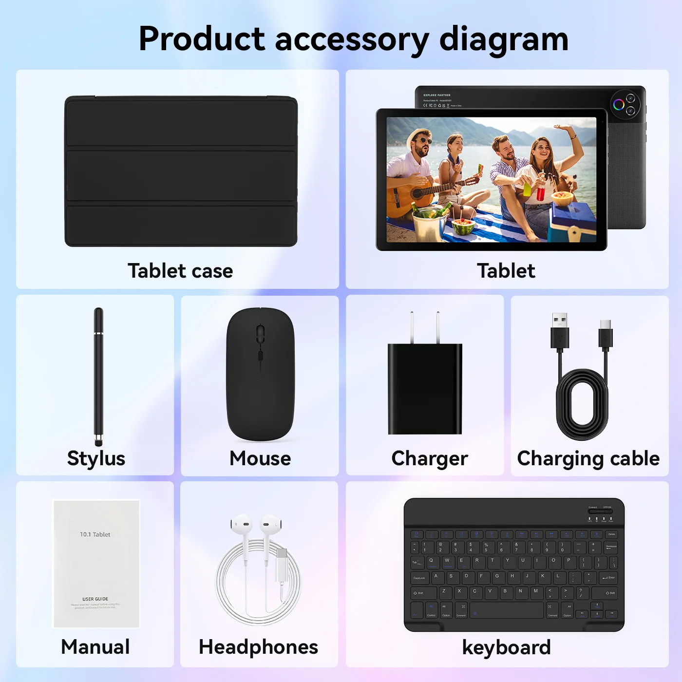 10.1 Inch Android 16 Tablet PC Set, Stylus Keyboard Mouse Headphone Included, 20GB (3+17 expansion) RAM, 64GB ROM, Five-core A333, WiFi6, Widevine L1, 6000mAh, Face Unlock, 5MP+8MP Dual Camera, 1280*800 HD IPS Touch Screen, 1TB TF Expandable, KB1001L