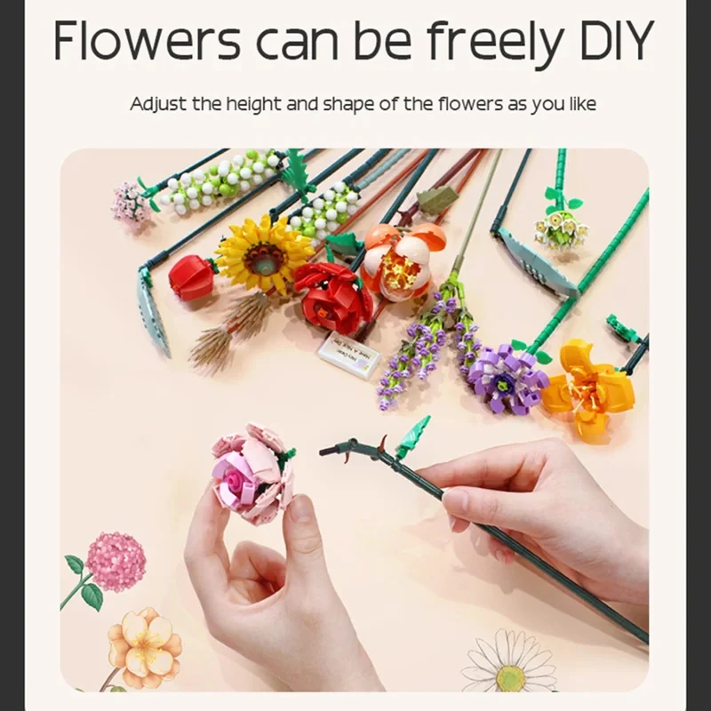 Romantic Rose Flowers Bouquet Building Blocks Sunflower Model Bricks Creative Desktop Decoration Kids DIY Toys Girls Gifts 4