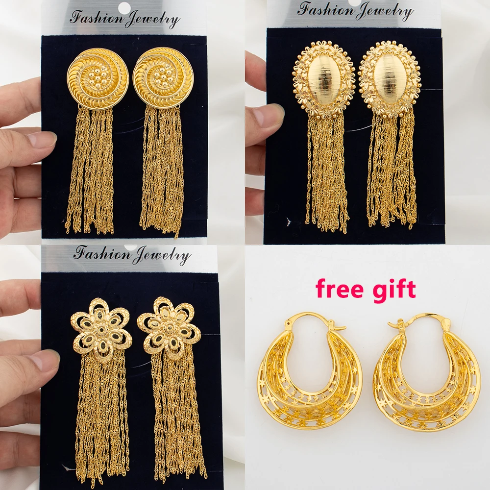 

Gold Color Long Tassel Earring Dubai Luxury Copper Big Earrings For Women Ethiopia Banquet Wedding Jewellery Gifts Daily Wear