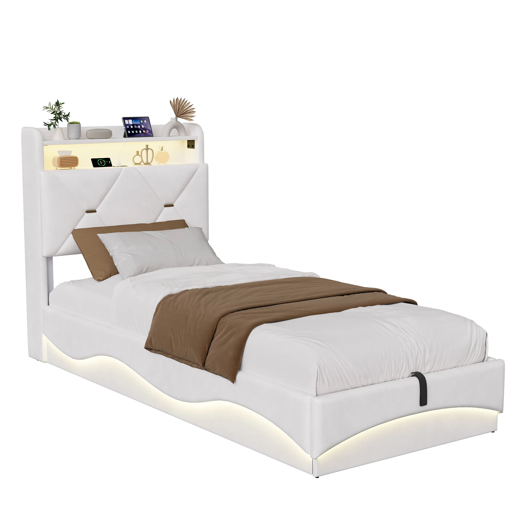 Anajqaqia 90x200cm Polsterbett mit LED-Beleuchtung und hydraulischem Stauraum, Einzelbett mit Stauraum im Kopfteil, Beige – Detail 6