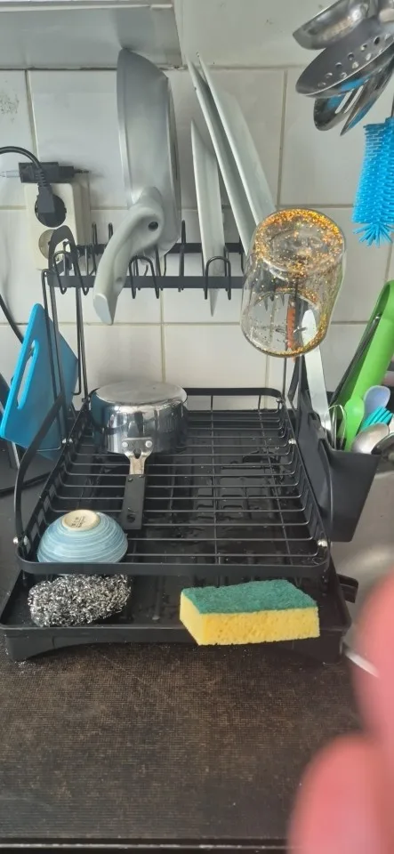 New 360° rotating storage rack double-layer kitchen tableware drying rack with drain tableware storage rack for tableware photo review