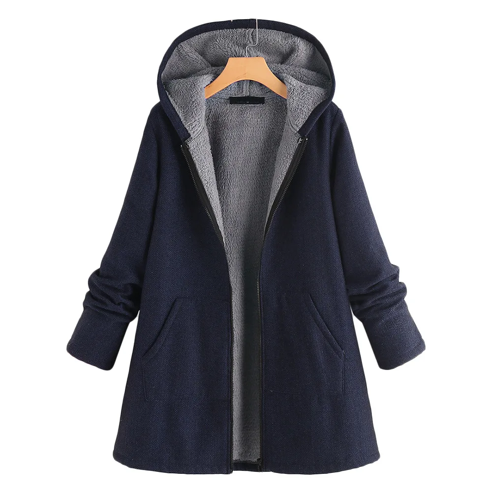 Autumn Winter Ladies Solid Hooded Jacket Coat Loose Casual Female Women Warm Thick Long Sleeve Trench Coat Hoodies Overcoat