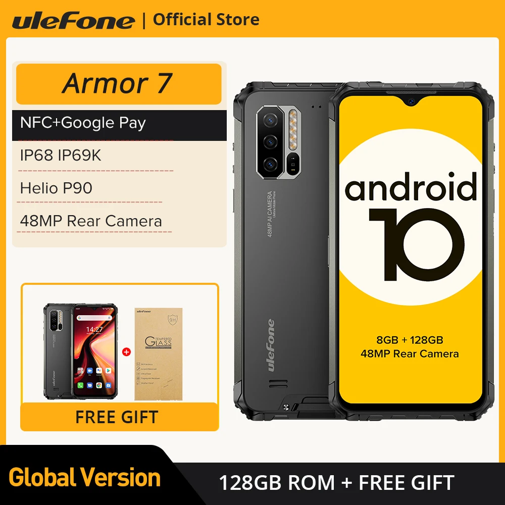 Ulefone-モバイルアーマー7,頑丈なモバイル,Android 10,2.4g/5g,wifi,8GB 128GB,Helio  p90,IP68,48mp,4g,グローバルバージョン
