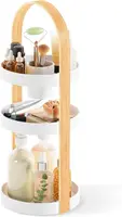 White/natural cosmetic organizer. Compact 50x19x19cm size. Sleek and functional for vanity storage. 1