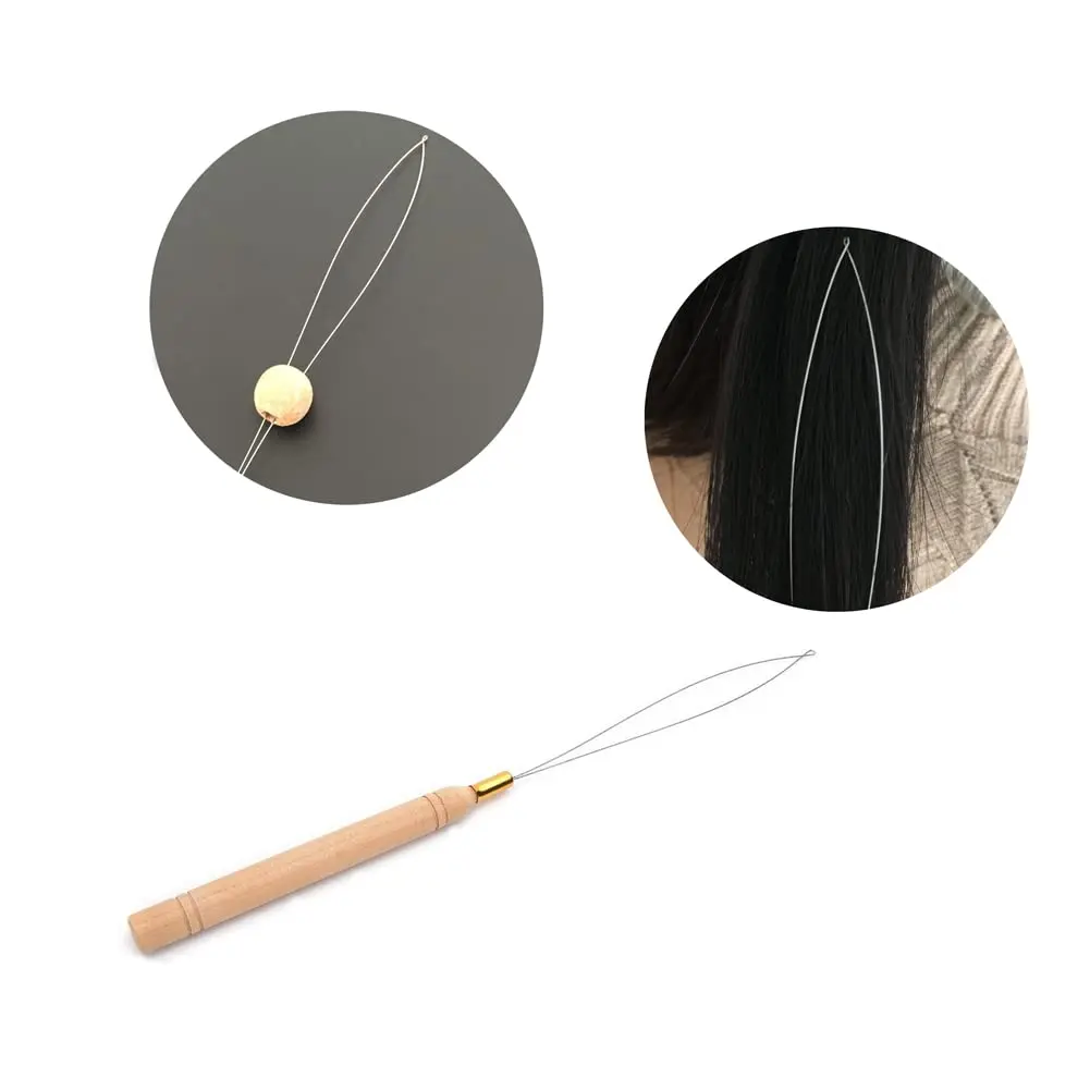 Hair Extension Tool 3pcs Hair Extension Loop Needle Threader Pulling Hook Tool Bead Device Tool Hair or Feather Extensions-Wooden and Stai