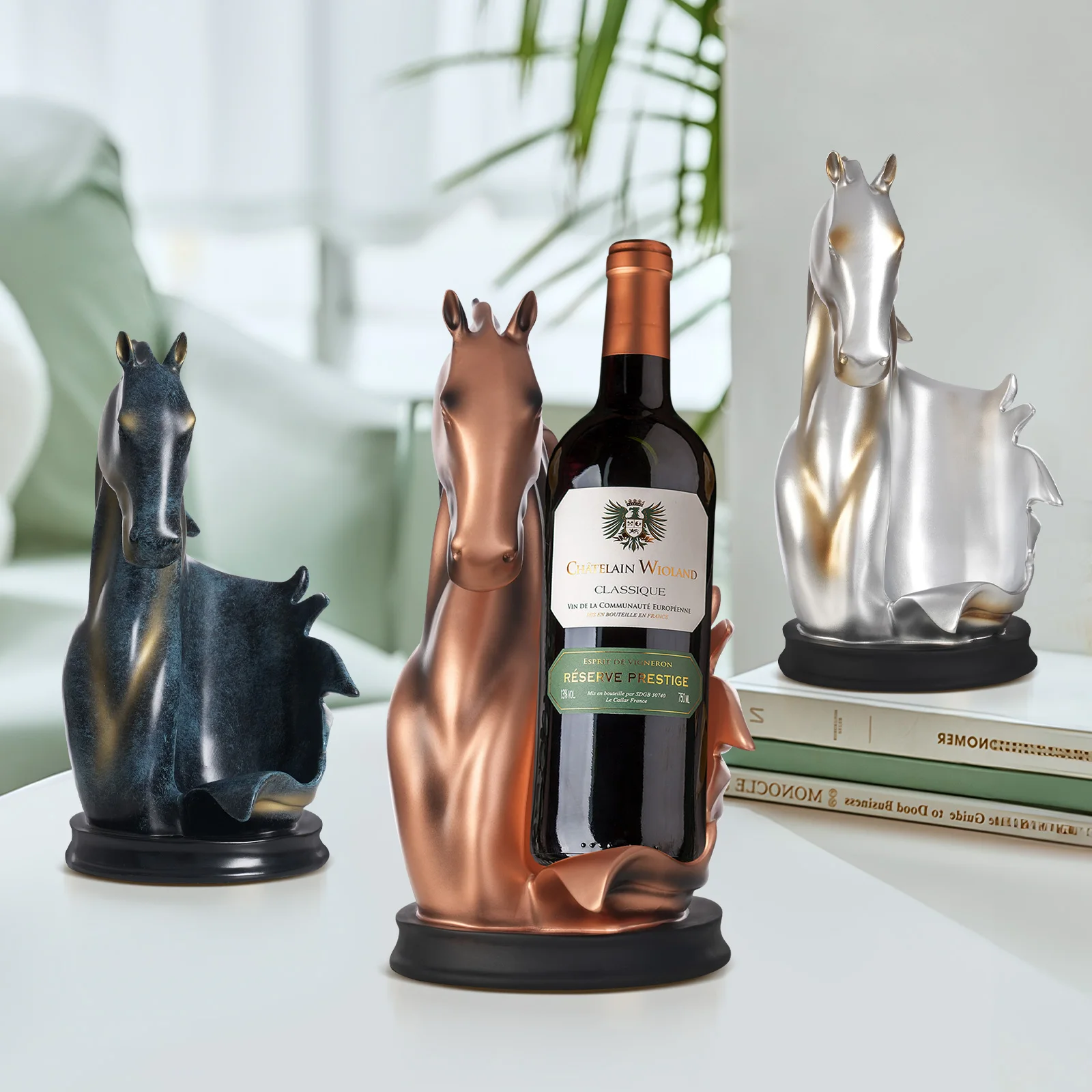 Freestanding Wine Rack Horse Head Wine Bottle Holder, Resin Tabletop Decorative Display Stand for Bar Home Single Bottle Storage