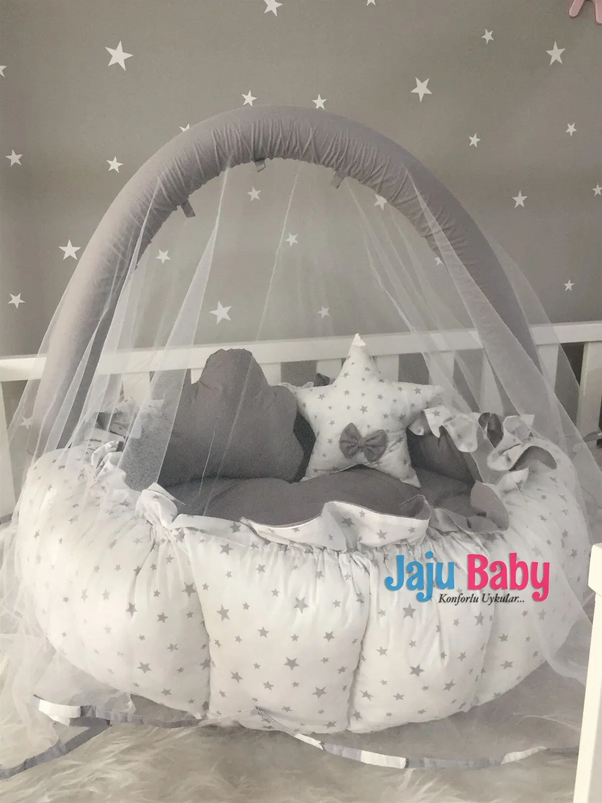 Handmade Gray Star Pattern Design Luxury Play Mat Babynest Mosquito Net Tulle Toy Apparatus Set