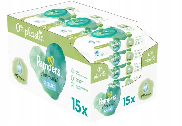 Chusteczki nawilżane Pampers Harmonie Aqua dla dzieci 15 opakowań po 48 sztuk (łącznie 720 szt.) z Polski za $22.34 / ~84zł