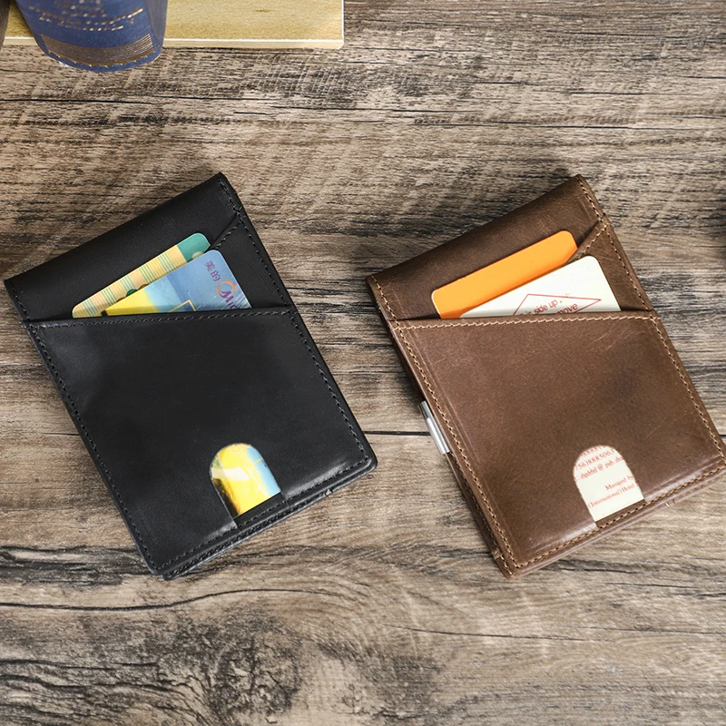 CONTACT'S Genuine Leather Men Wallet Slim Money Clip RFID Ultra-thin Card Holder Wallet Bifold Vintage Male Purse High Quality