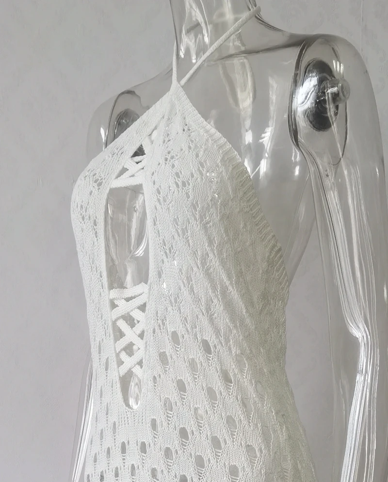 Women's Halter Neck Backless Lace-Up Long Slim Fit Knit Dress See-Through Crochet Beach Bikini Cover-Up Summer Swimwear 5