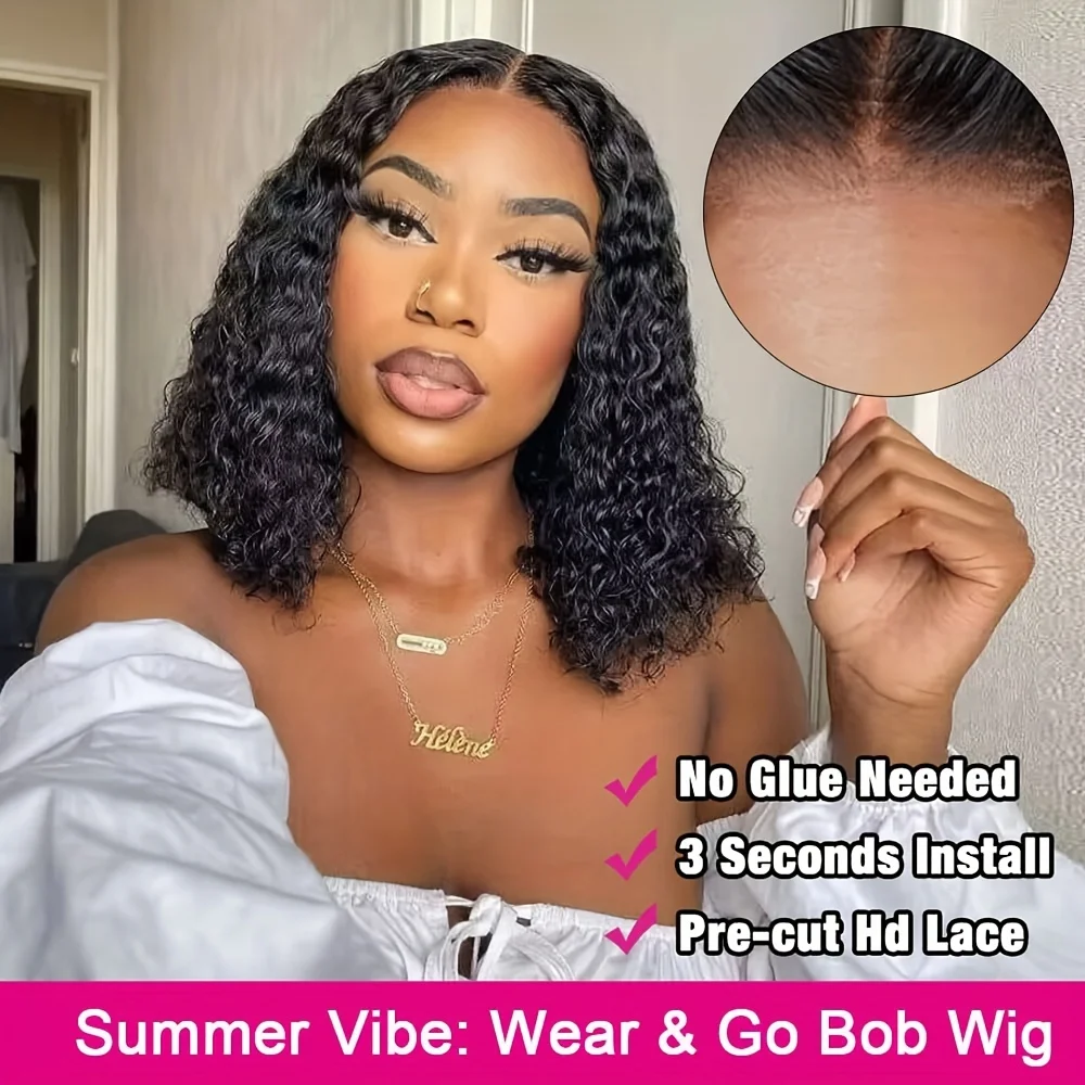 

Glueless Deep Wave Bob Wig - Human Hair Lace Front Wig with Pre Cut Hairline and Pre Plucked 9x6 Lace - 180% Density - Natural B