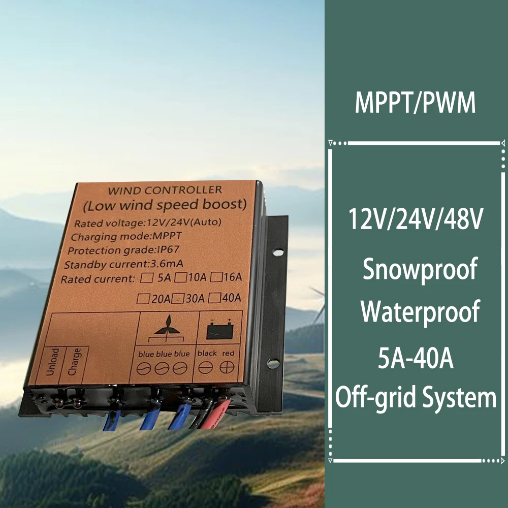 Controlador de Carga de Turbina Eólica Pwm Impermeável Regulador de Velocidade do Vento Baixo Aumento de Tensão 12v 24v Auto 48v Mppt 5000w 20a 30a