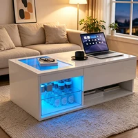 Table basse LED relevable 100 x 55 x 35 cm, Table de Salon brillante, Espace ouvert et caché rangement, Blanc Laqué Brillant 4