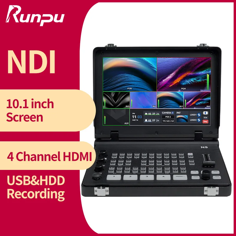 Runpu N5 Portable 10.1 Inch LED Sceen 4 Channel HDMI Video Mixer Switcher Live Broadcasting with RTMP/SRT Stream & Record