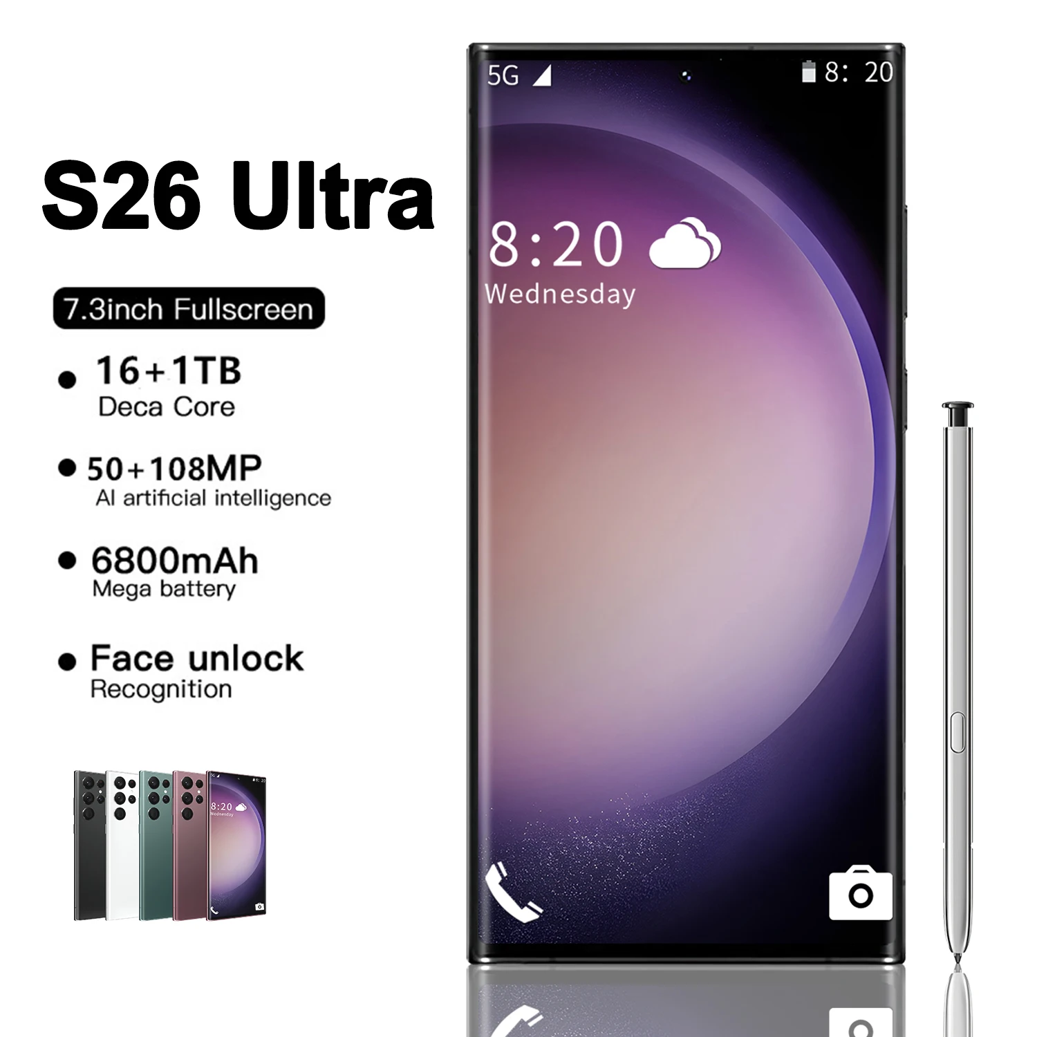 Nuova Rete S26 Ultra Smartphone 7.3 Pollici 16Gb + 1Tb Telefoni Cellulari Android Sbloccati 6800Mah 50Mp + 108Mp 5G Cellulare Originale Celul