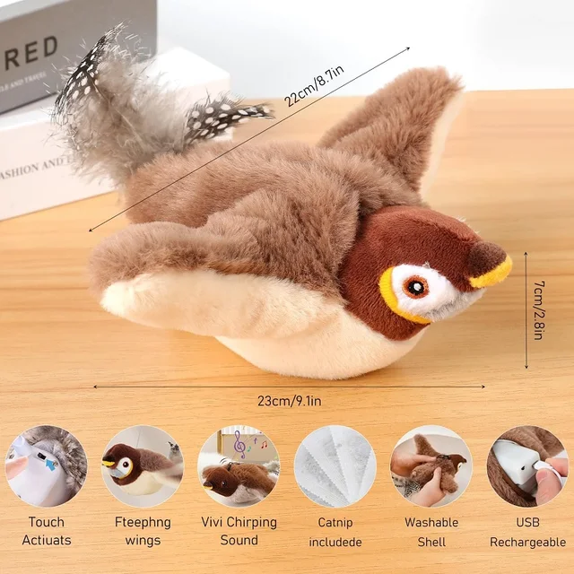 Toy For Cat Bird Rechargeable Electric Flapping Wings Bird Cat Toy Sound Chirping Bird Catnip Touch Activated Plush Toy 6