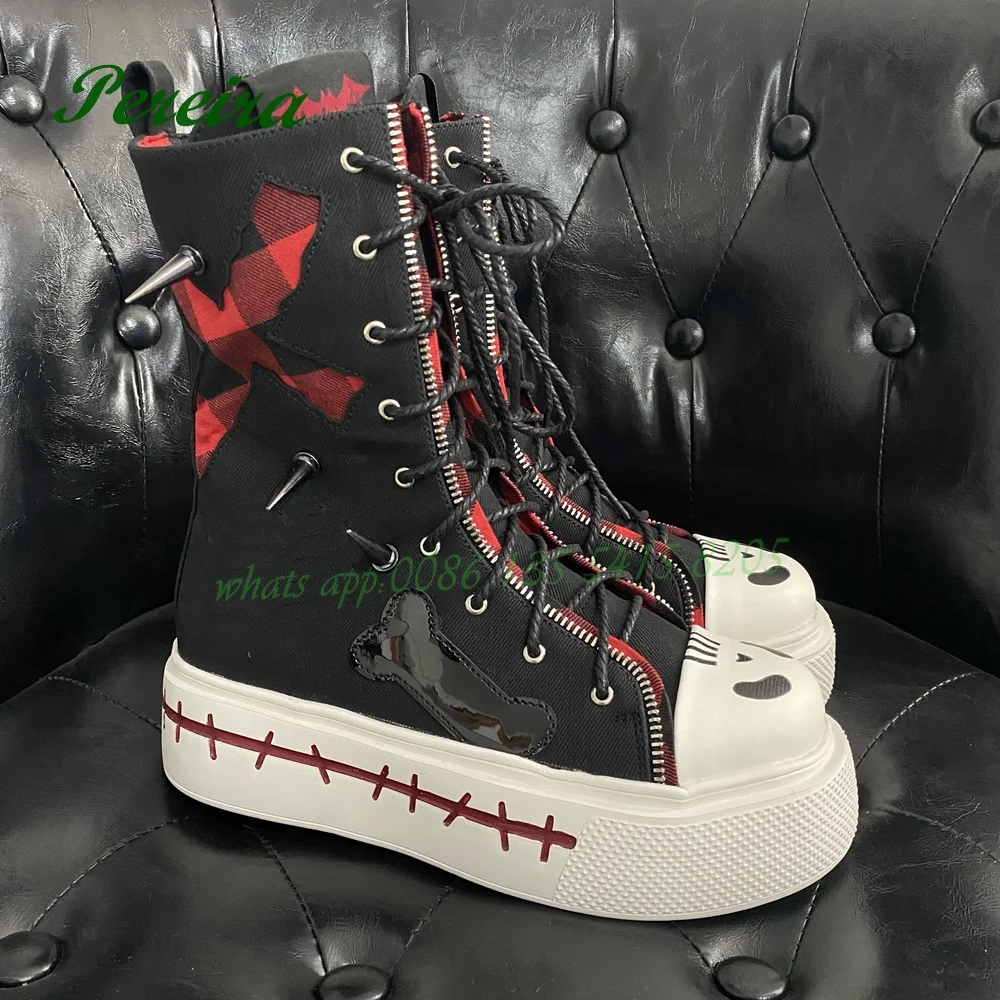 

Round Toe Studded Boots Dark Gothic Style Height Increasing Lace Up Side Zipper 2023 New Hot Girls Cute Women's Shoes Elegant