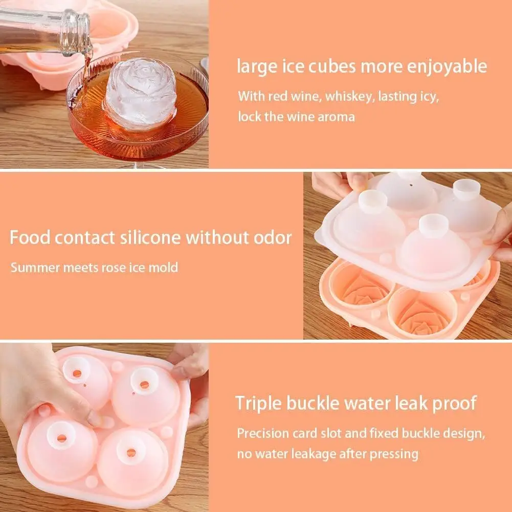 3D Rose Ice Cube Molds,Food Grade Silicone,4 Cavities Per Tray,Fun Shaped Frozen Tray,Slow Melting Ice for Whiskey,Cocktails 4