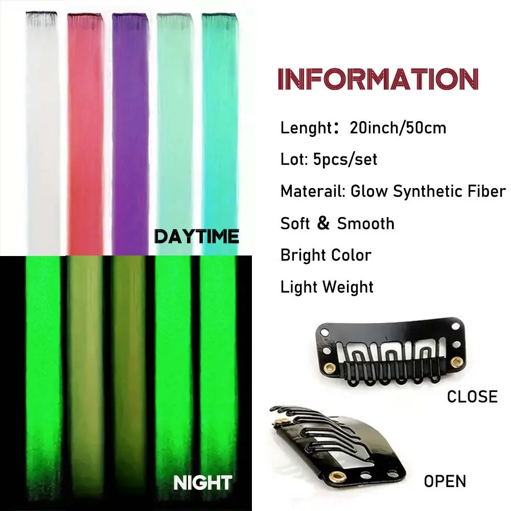 5pcs Luminous Hair Pieces Synthetic Neon Fake Hair Clip In Party Accessories Y2K Glow In The Dark Extension hair extensions