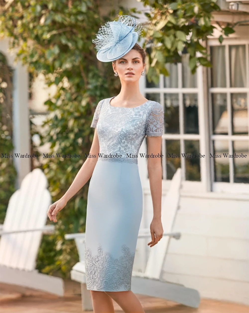 Exquisite Lace Mother of the Bride Dresses For Wedding Blue Scoop Neck Party Prom Gowns With Jacket   Knee Length