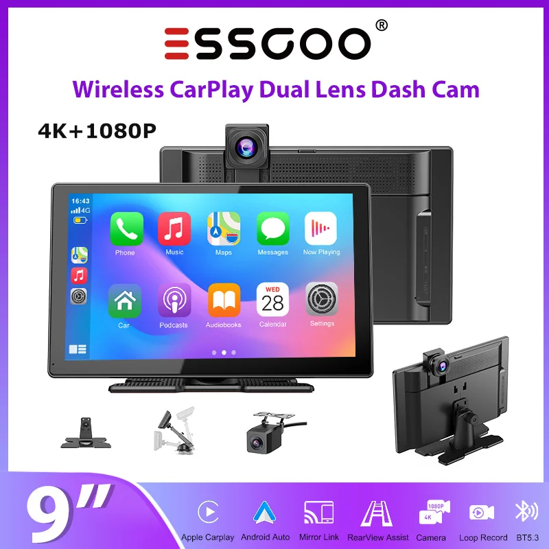 ESSGOO Écran portable CarPlay 9 pouces, véritable caméra frontale 4K et caméra arrière 1080p, autoradio universel pour camions, Android Auto, BT, AUX, FM, USB 1 ESSGOO Écran portable CarPlay 9 pouces, véritable caméra frontale 4K et caméra arrière 1080p, autoradio universel pour camions, Android Auto, BT, AUX, FM, USB 1
