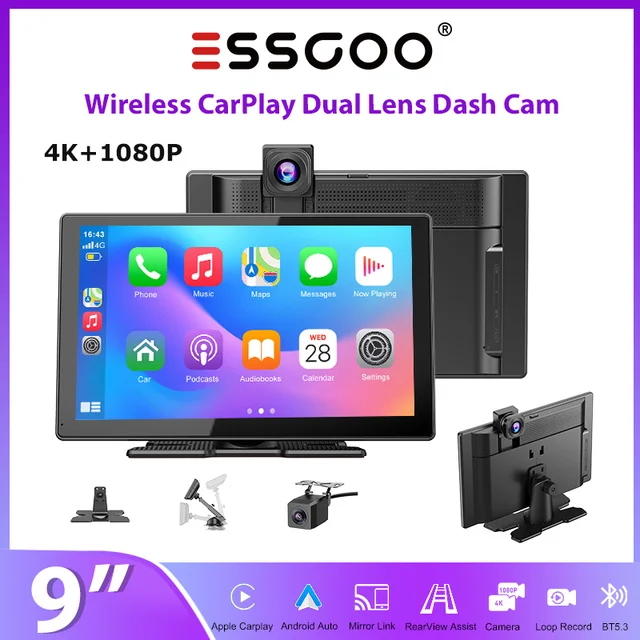 ESSGOO Écran portable CarPlay 9 pouces, véritable caméra frontale 4K et caméra arrière 1080p, autoradio universel pour camions, Android Auto, BT, AUX, FM, USB 1