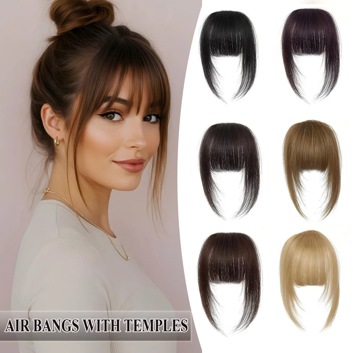 Clip In French Hair Bangs 100%  Human Hair Extensions Wispy Bangs for Women Curved Fake Bangs with Fringe Temples Hairpieces