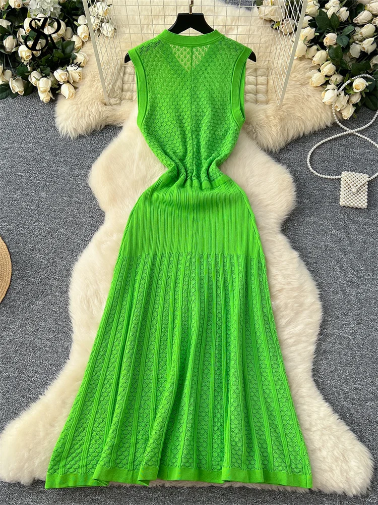 SINGREINY Casual Knitting Long Dress Women Buttons V Neck Hook Flower  Hollow Out Chic High Elastic Slim Vintage Beach Dress - AliExpress 200000345