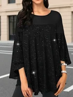 Elegant plus Size Solid Color 3/4 Sleeve Loose Top for Women Fashion Shiny Asymmetrical Hem round Neck Long Shirt