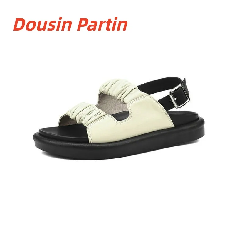 Women Slingback Sandals Genuine Leather Mixed Color Summer Square Low Heel Buckle