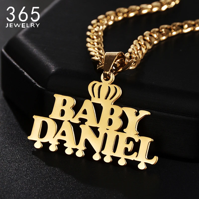 Custom Baby Letter Pendant Necklace Crown 5mmNK Thick Chain Stainless Steel For Boy Girl Birthday Gift Trendy Customized Jewelry