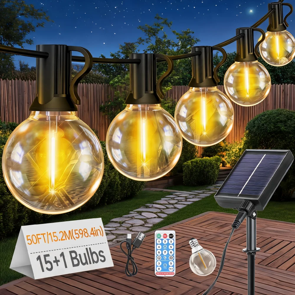 15M G40 Solar String Lights Outdoor LED Globe Bulbs Shatterproof Waterproof Patio Pendant Lamps with Remote for Garden Backyard Wedding Party Christmas Decor
