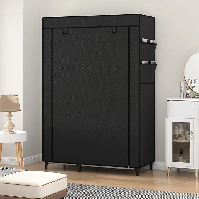 Portable Closet Organizer - 6 Shelves & Hanging Rod - Non-Woven Fabric Cover with 4 Side Pockets - Black - Compact Clothing 5