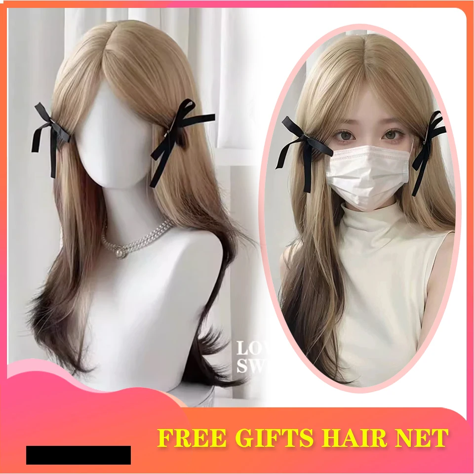 Long Wavy Ombre Pink Synthetic Wigs with Bangs Wig Dark Roots Party Daily Hair Heat Resistant Fiber Soft Colorful Wig