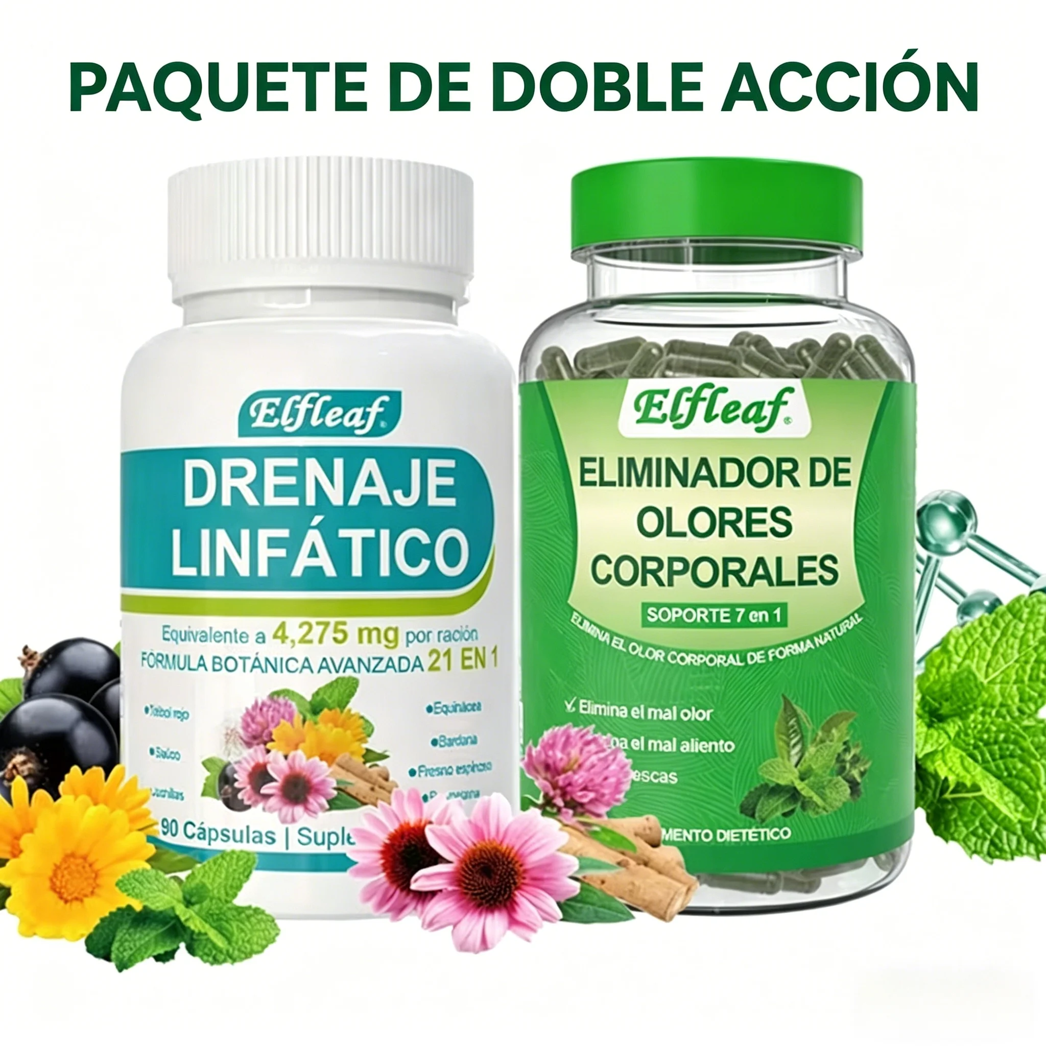 Set de dos frascos de Elfleaf: cápsulas para el cuidado del sistema linfático + cápsulas de clorofila 7 en 1. Favorecen la salud del sistema linfático y cuidan la piel. Set de dos frascos: una combinación de dos produc