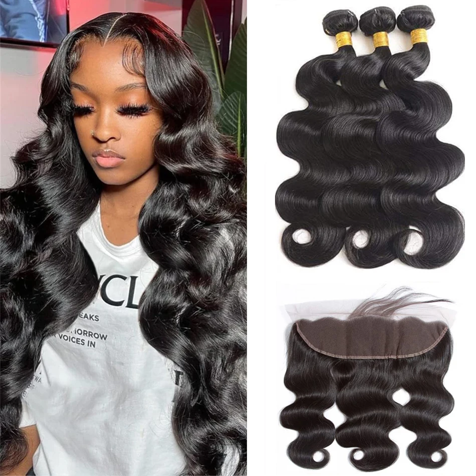 

Bundles with Frontal Body Wave Brazilian Virgin Human Hair 3 Bundles with 13x4 Ear to Ear Transparent HD Lace Frontal Natural 1B