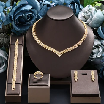 Fashion Gold Plated Dubai Jewelry Set For Women Party Gift Simply UAE Wedding Bridal 4PCS Jewelry Cubic Zirconia 1