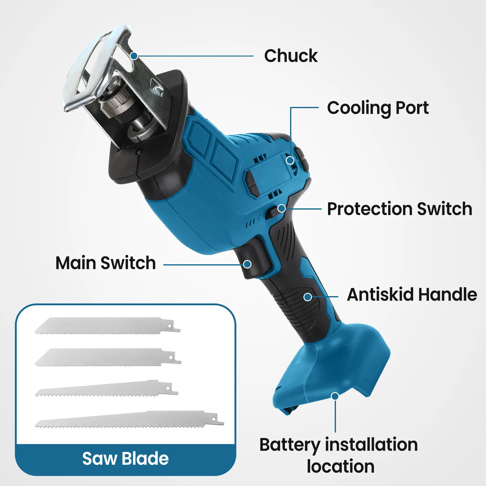 Scie sabre sans fil 18V – 100 mm, 3000 tr/min, vitesse variable, coupe métal/bois A5a94b1a7636d48219a1973a7fa676cc3s