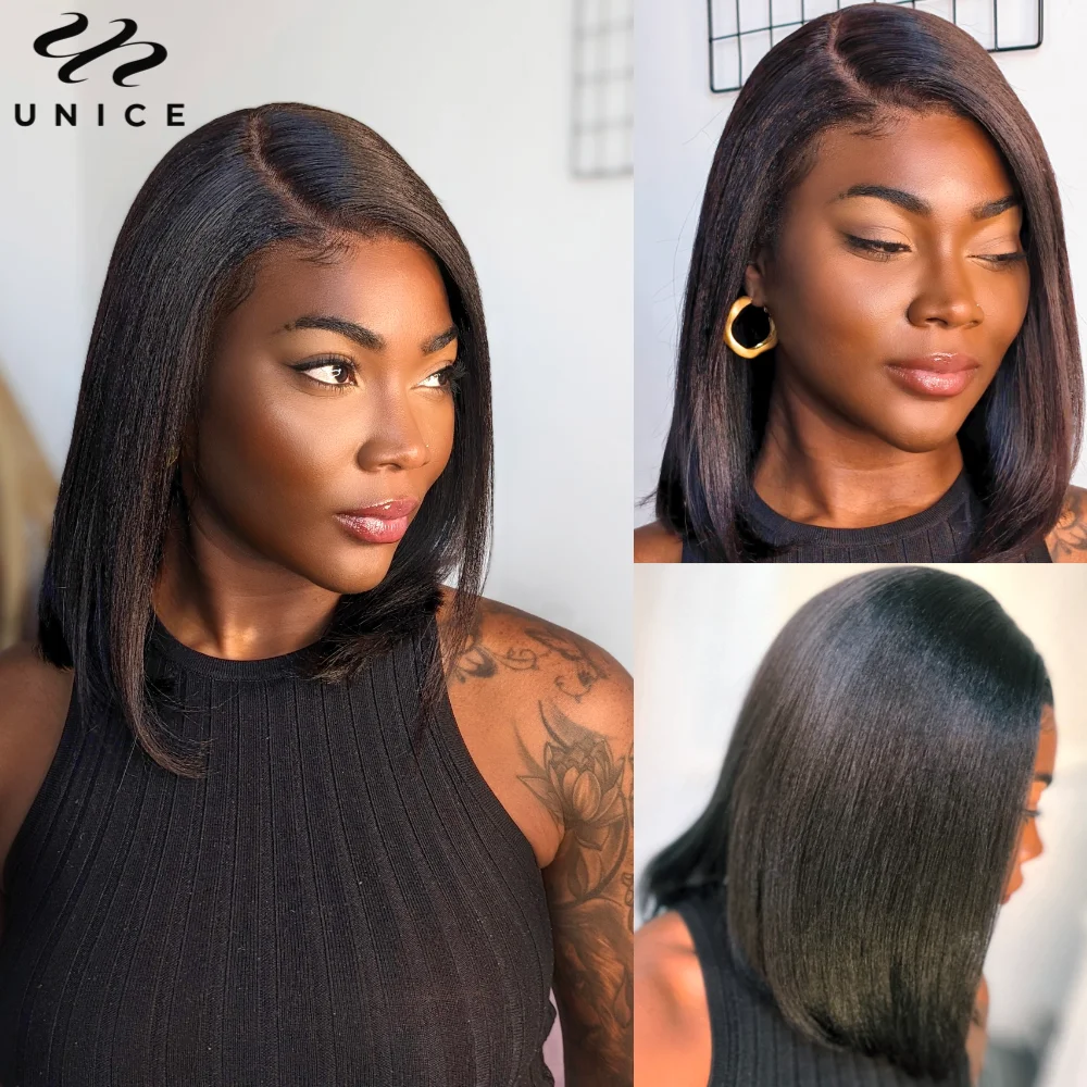 

UNice Hair 7X5 Bye Bye Knots Yaki Straight Bob Wig Pre Cut Lace Closure Wig Human Hair Bob Lace Wig Put On And Go Glueless Wig