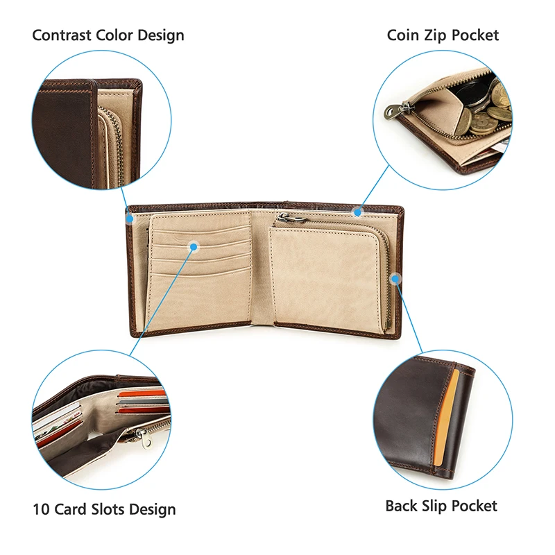 CONTACT'S Genuine Leather Men Wallet Small RFID Purse Zipper Coin Pocket Male Bifold Wallets with Card Holder Money Clutch
