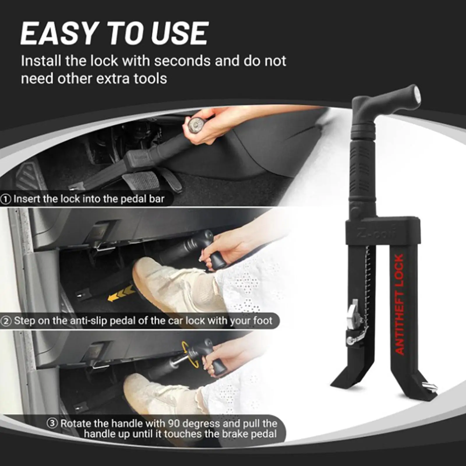 Brake Pedal Lock Auto Heavy Duty Car Lock with 3 Keys For Van Vehicles 5-15mm Pedal Stem