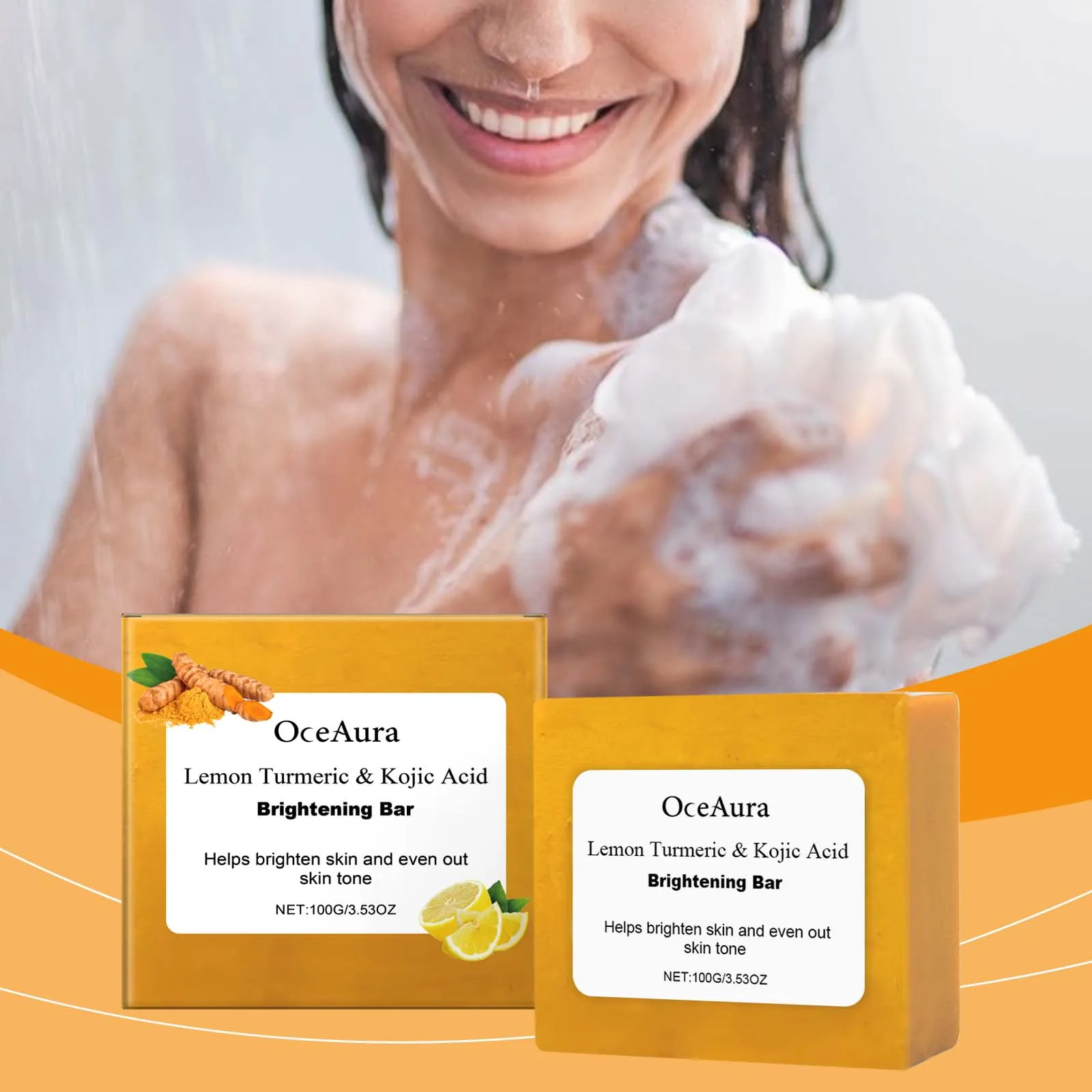 Oceaura 100g Turmeric Kojic Acid Soap Lemon Cleansing Face Lightening Dark Skin Shrink Pores Brightening Skin Exfoliating Soap