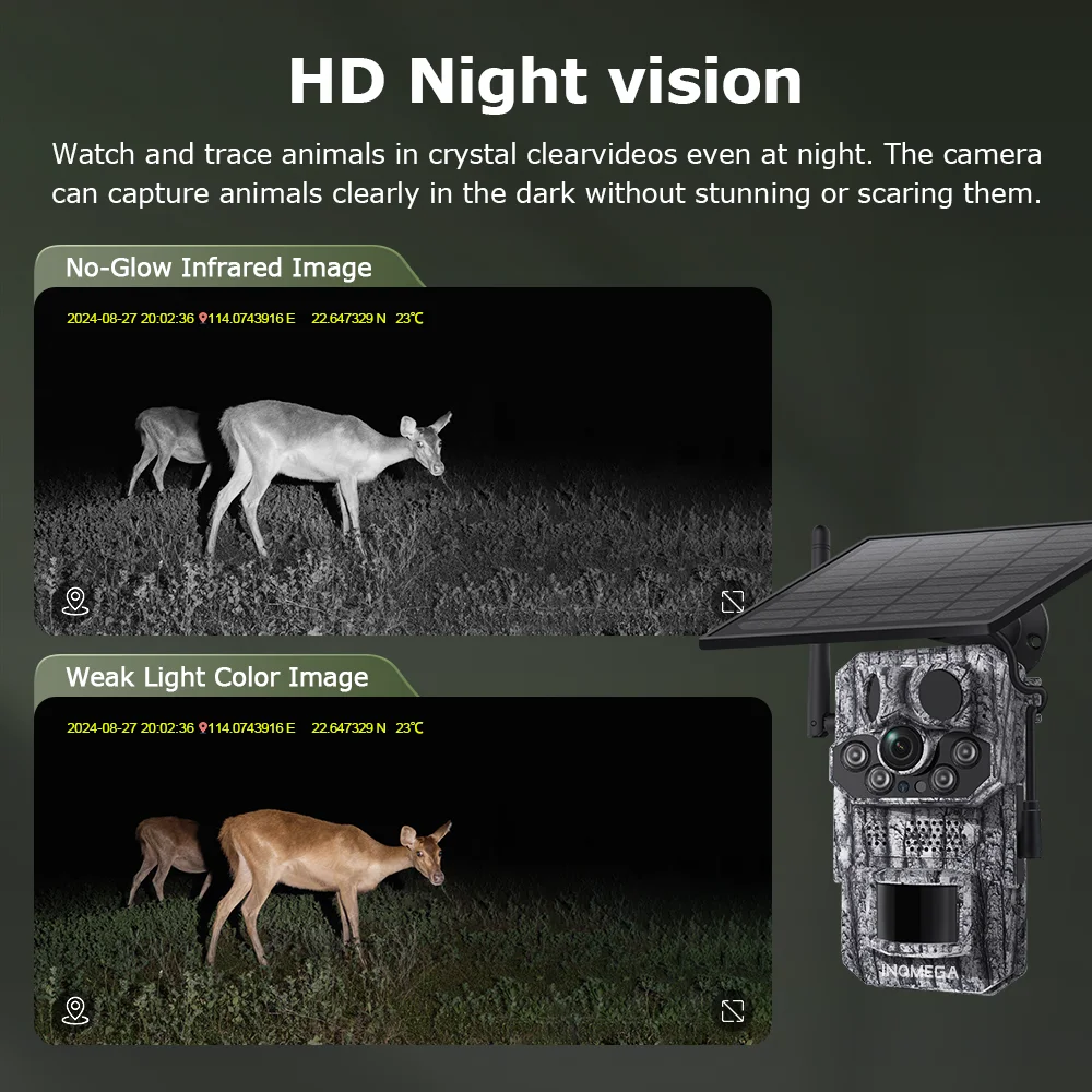 INQMEGA4G 2K 5MP PIR Motion Activated Trigger Time Night Vision IP66 Hunting Trail Wildlife Battery Solar Camera Forest