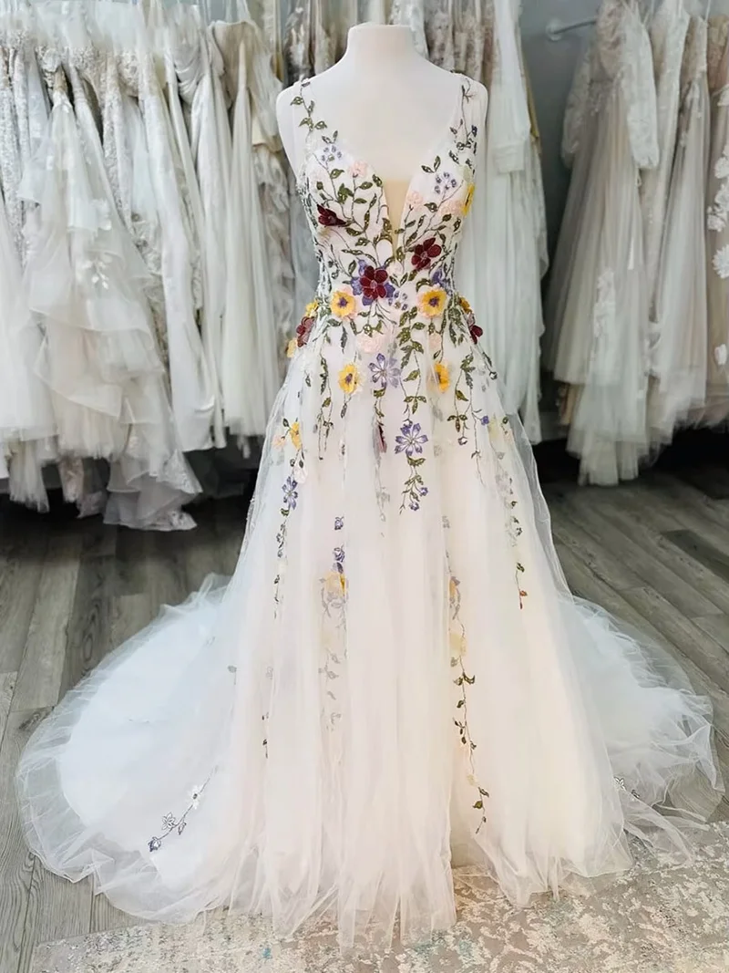 colorful flower lace wedding dress bridal gown 3D flower Boho Fairy tale wedding  gowns Tulle Whimsical Bride custmized - AliExpress 320