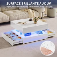 Table basse Superaly avec éclairage LED, table de salon avec 2 tiroirs et espace de rangement dissimulé, table d'appoint, finition brillante, pour salon, bureau, blanc 6