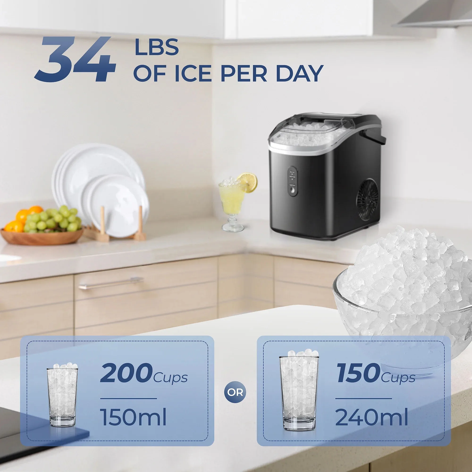 SIMZLIFE Nugget Ice Maker Countertop with Handle，Portable Ice Maker Machine,Auto-Cleaning, Ready in 6 Mins, 34.5lbs/24H,Black 5