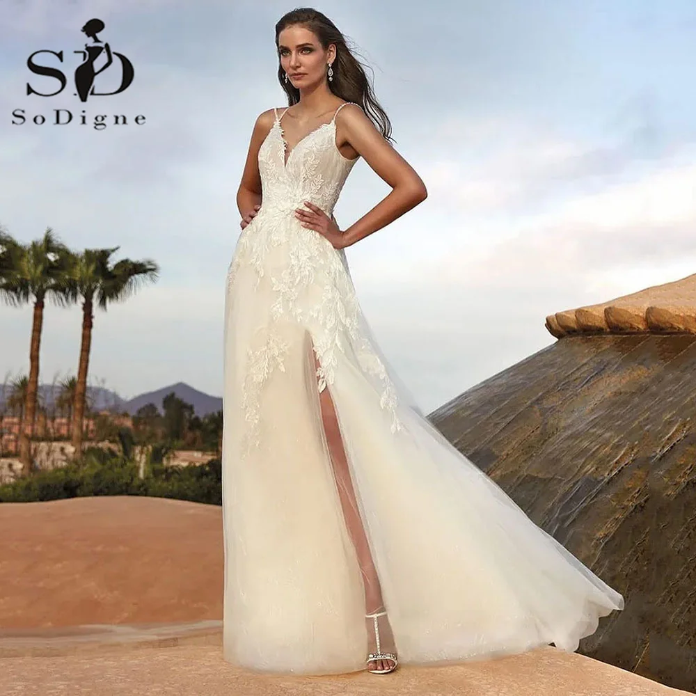 

SoDigne Bohemia Ivory Wedding Dresses V Neck Sleeveless Tulle Bride Gowns Lace Appliques Side Split Bridal Dress Custom Made